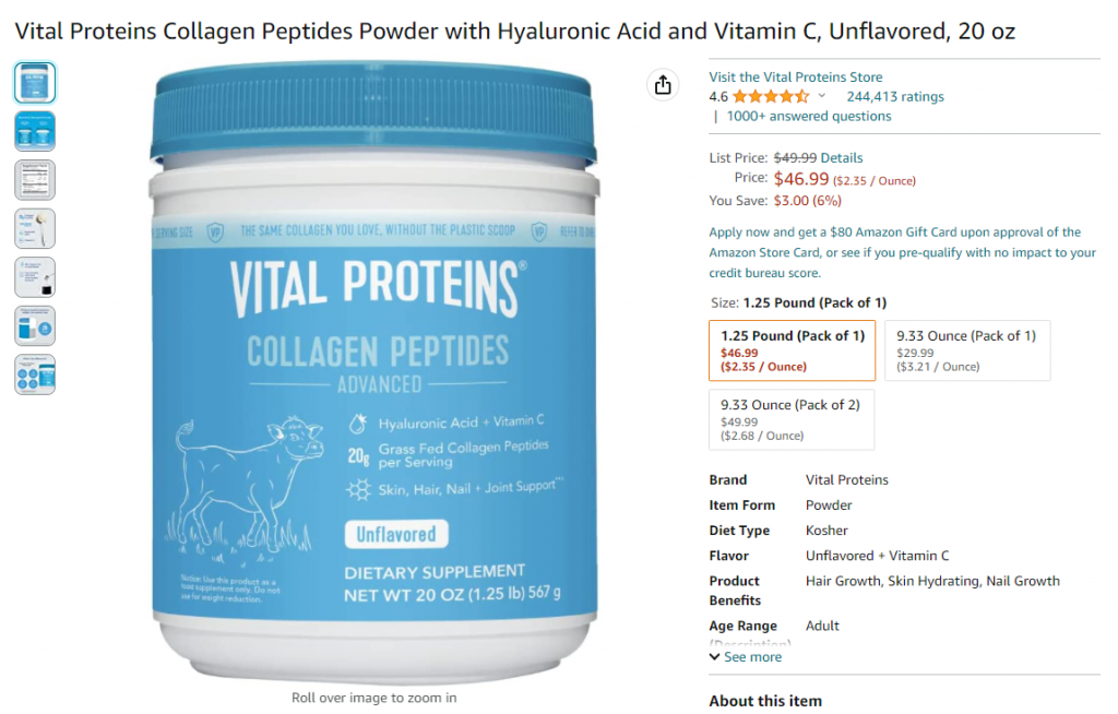 Vital Proteins Collagen Peptides Powder with Hyaluronic Acid and Vitamin C,  Unflavored, 20 oz